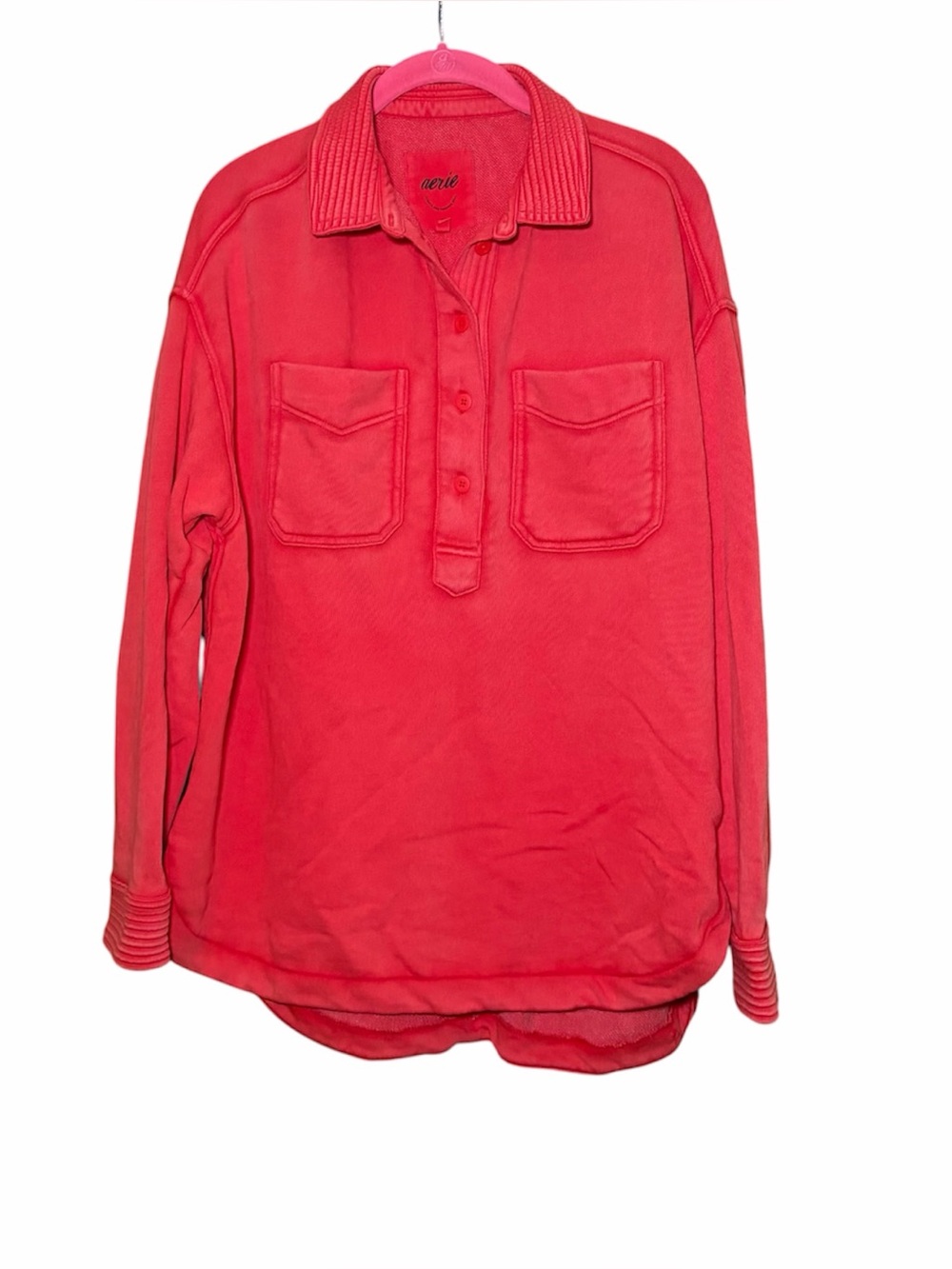 Aerie Red Popover Polo Sweatshirt Oversized Button Collar French Terry XS - Picture 3 of 7